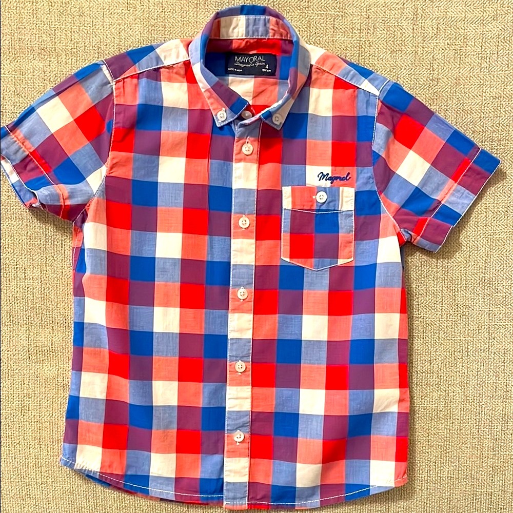 Mayoral red white and blue boy’s short sleeve button down shirt, size 4